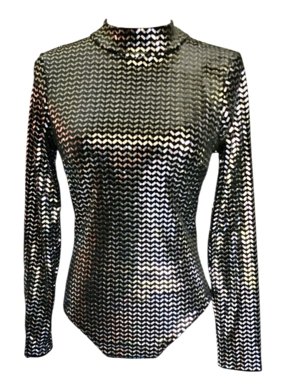 Y2K Charlotte Russe Black Iridescent Holographic Sequin Bodysuit Mock Neck S